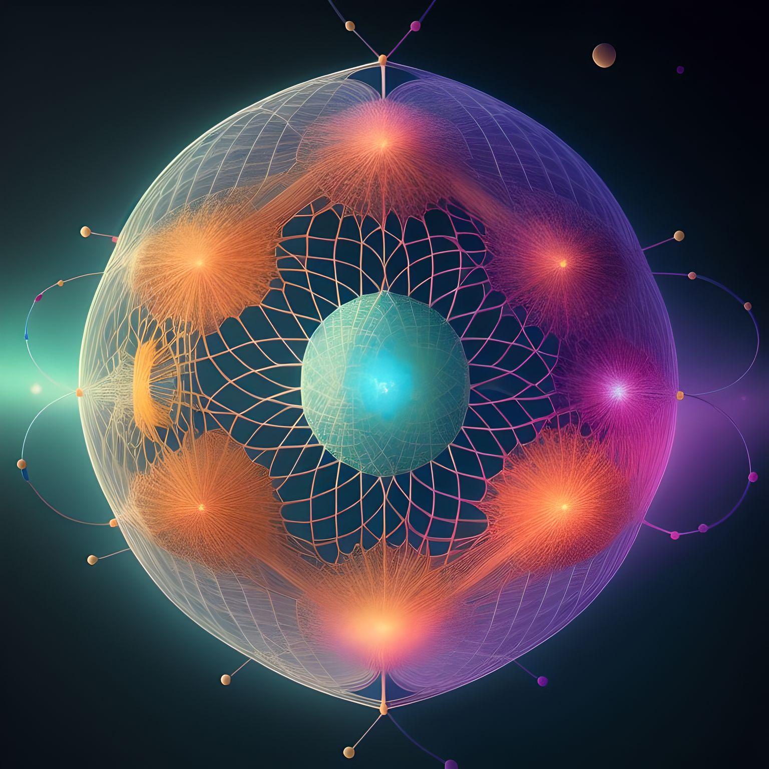 Conceptual picture generated by an AI showing several spherical shapes around the cricle and another sperical shape in center where all shapes are interconnected. The pictures tries to show the concept of human knowledge graph.